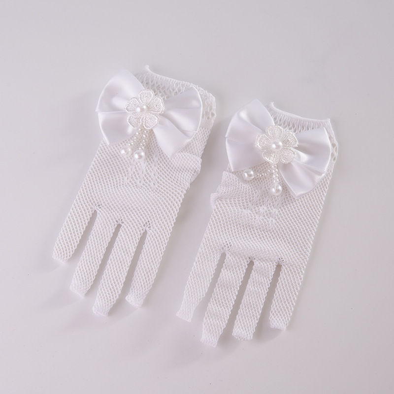 SZ60072-1 Flower Girls Lace Bowknot Net Voile Wedding Gloves Princess Glove